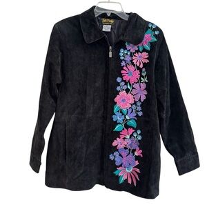 Vintage Bob Mackie Wearable Art Black Leather Jacket Floral Embroidered M